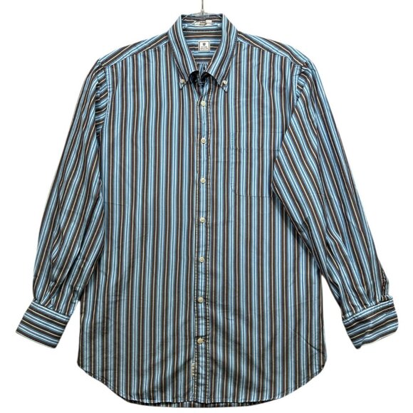 Peter Millar Mens Medium Striped Button-Down Shirt Brown & Blue Collar - Picture 1 of 7